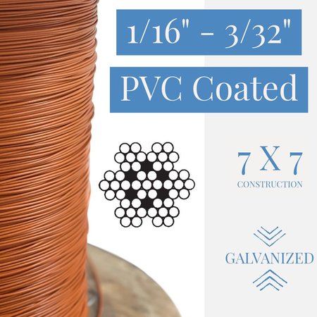 Laureola Industries 1/16" to 3/32" PVC Coated Orange Color Galvanized Cable 7x7 Strand Aircraft Cable Wire Rope, 250 ft ZAG116332-77-GPO-250
